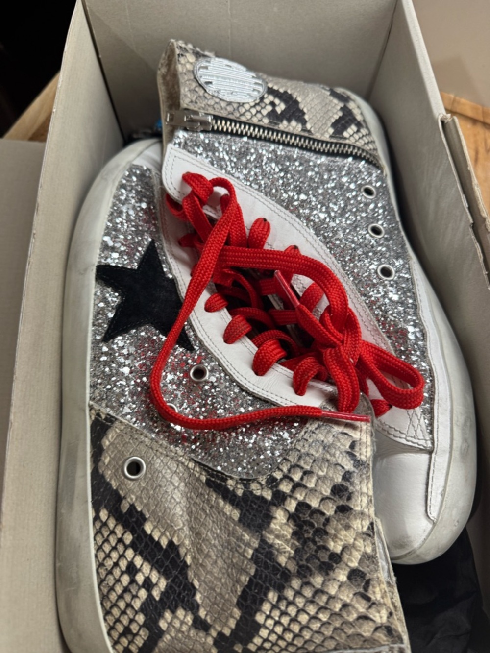 Golden Goose Multi-Texture High-Top Sneakers with Red Laces - Picture 10 of 13